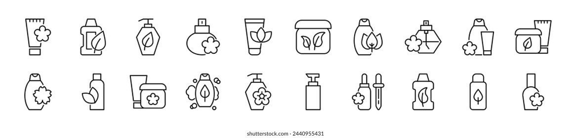 Conjunto de símbolos de contorno vectorial de varias botellas cosméticas. Trazo editable. Icono de línea para sitios web, periódicos, libros de artículos