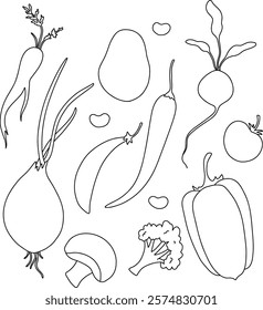 Set of vector outline vegetables for coloring, menu design, vegetarians, nutritionists. Onion, eggplant, tomato, peas, beans, carrots, potatoes, radishes, peppers, champignons, broccoli. Hand drawing