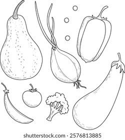 Set of vector outline vegetables for coloring, menu design, vegetarians, nutritionists. Onion, eggplant, tomato, peas, beans, carrots, potatoes, radishes, peppers, champignons, broccoli. Hand drawing