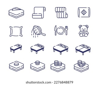 Set von Vektorgrafik-Web-Icons für das Hotel. Bettzeug, Dusche, Kinderzimmer, Restaurant, verschiedene Bettgrößen, etc.