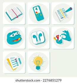 Set of vector outline web icons for educational program. Book, notepad, idea, headphones, cards, meme, test, tetris.