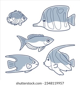 Set of vector outlineline illustrations of sea fishes with partial fill.