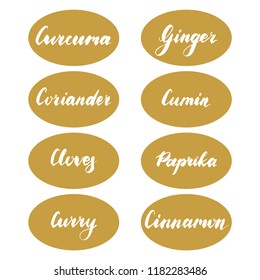 Set of vector oval labels. Stickers with names of herbs and spices for kitchen jars or containers. Hand drawn elements for your design. Graphic illustration