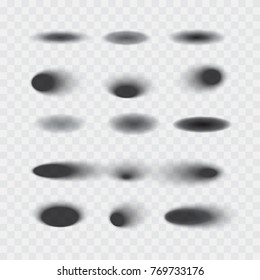 Set of vector oval shadows with soft edges isolated on transparent background, realistic vector illustration