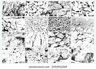Conjunto de Vector superpuesto textura de piedras y rocas. Textura grunge de diferentes colecciones de rocas. Piedras rotas y dañadas y escombros.