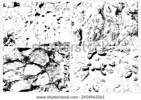 Set of vector overlay texture of stones and rocks. Grunge texture of different boulders collection. Cracked and damaged stones rubble.
