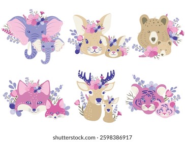 set of vector paar animals, cartoon heads of mother and kids with flowers