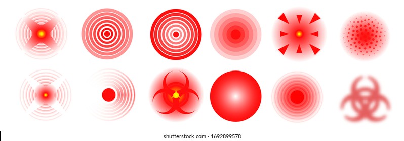 Set of vector Pain icons. Pain red circles isolated. Ache localization icons. Vector illusration EPS 10