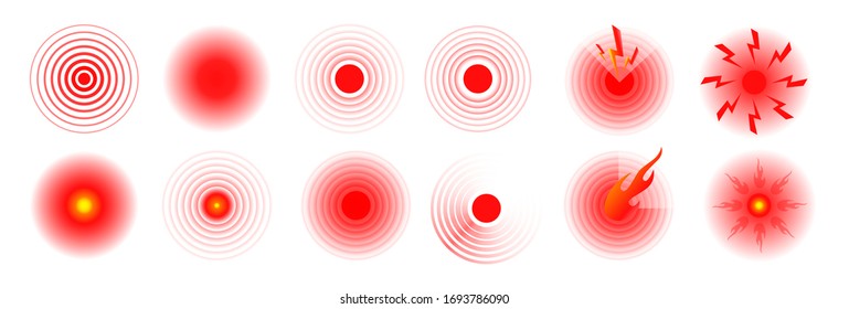 Set of vector Pain icons. Pain red circles isolated. Ache localization icons. Vector illusration EPS 10