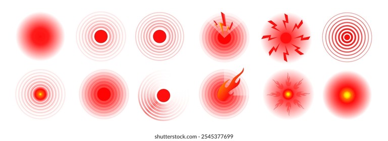 Conjunto de ícones de dor de vetor. Dor em círculos vermelhos isolados. Ícones de localização de dor
