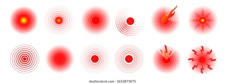 Set of vector Pain icons. Pain red circles isolated. Ache localization icons
