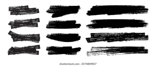 Set of vector paint bold brush strokes, hand drawn thick grunge lines and rectangle shapes. Black ink brush strokes and banners. Grunge marker Vector illustration