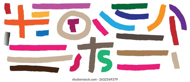 Set of vector paint brush.  colorful pen marker shapes brush strokes, Set of colorful brush-drawn bold geometric shapes, arrows, asterisks and circles.