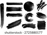 Set of vector paint brush stroke, ink splash and grungy decoration elements. Freehand grunge brush illustration. Black watercolor splatter, texture, frame and abstract background for social media