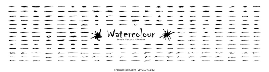 Set of vector paint brush stroke, ink splatter and artistic design elements. Dirty watercolor texture, box, frame, grunge background, splash or creati