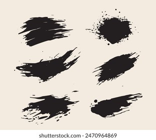 Set of vector paint brush stroke, ink splatter and artistic design elements. Dirty watercolor texture, box, frame, grunge background, splash or creative shape for social media. Abstract drawing.