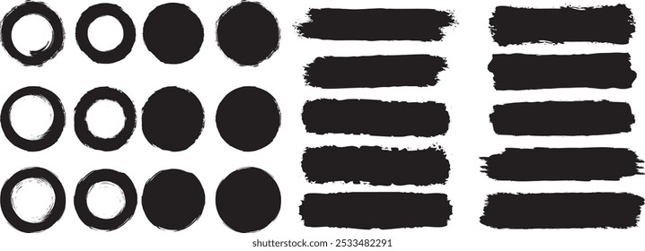 Conjunto de pincéis de pintura vetorial traçado e pincel de círculo grunge. tinta splatter e elementos de design artístico, plano de fundo runge, splash ou forma criativa