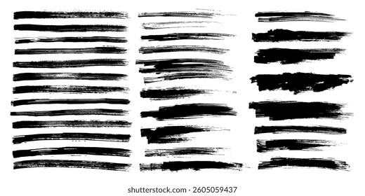 Set of vector paint brush stroke,  line.  Dirty artistic design elements. Overlay, black silhouette. Grunge hand drawn texture. 