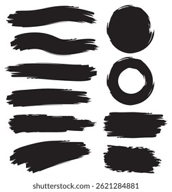 Set of vector paint brush stroke, ink splash and grungy decoration elements. Freehand grunge brush illustration. Black watercolor splatter, texture, frame and abstract background for social media.