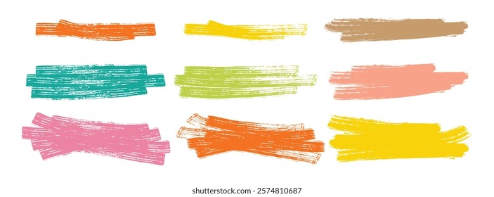  Set of vector paint colorful brush strokes, hand drawn thick grunge lines and rectangle shapes. Black ink brush strokes and banners. Grunge marker Vector illustration