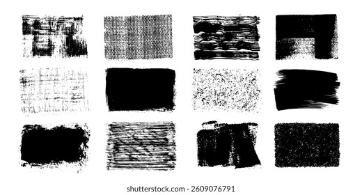 Set of vector paint dirty artistic design elements. Overlay, black silhouette. Grunge hand drawn texture. Halftone background. 