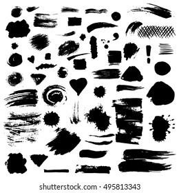 Satz von Vektorfarbflecken. Tintenfische, schmutzige Blots, Spritzen und Schmuckstücke. Pinselstriche, Banner, Ränder, Platter. Kollektion von Grunge Design Element. Illustration einzeln auf Weiß
