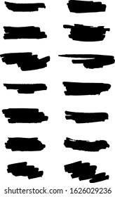 Set of vector paintbrush. Ink splatters. Hand drawn brush strokes with splashes. Textured one color elements for designs. Abstract textured backgrounds.