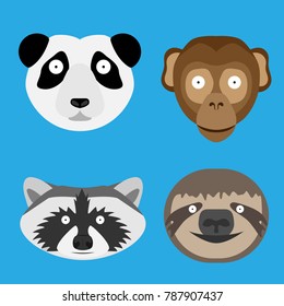 Set of vector painted animals heads: panda, monkey, raccoon sloth