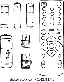 A set of vector painted by hand. Set with different gadgets.Set of vector elements remote control and batteries, written by hand in black line in the style of Doodle isolated on a white background. Se