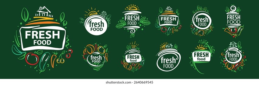 A set of vector painted emblems with the inscription fresh food