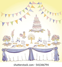 set of vector painted items for the table in celebration, tablecloth, gifts, food, cutlery,flowers, boxes, cake for a wedding or birthday flowers, boxes, cake for a wedding or birthday colored bright
