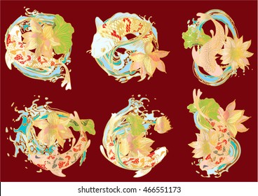 Set vector painting lotus and koi. for background and text.