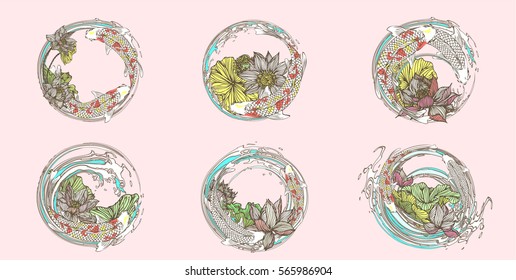 Set vector painting lotus and koi for the tattoo, text and background.vector illustration EPS10.