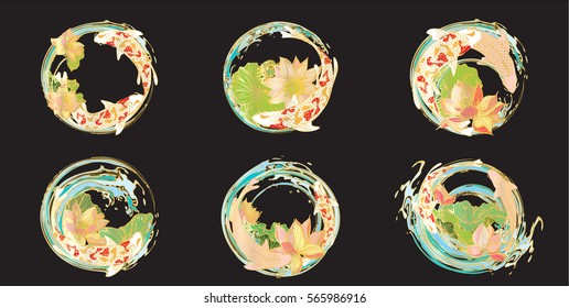 Set vector painting lotus and koi for the tattoo, text and background.vector illustration EPS10.