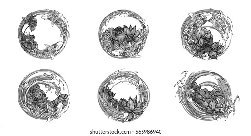 Set vector painting lotus and koi for the tattoo, text and background.vector illustration EPS10.