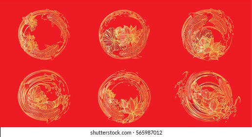 Set vector painting lotus and koi for the tattoo, text and background.vector illustration EPS10.