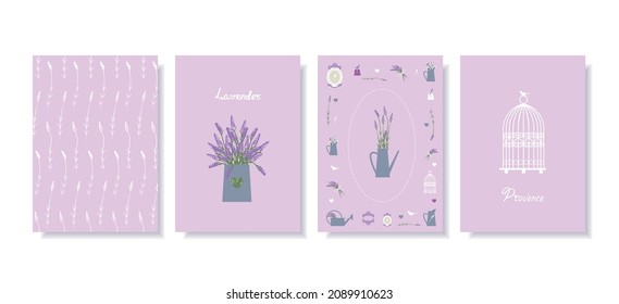 Conjunto de pinturas vectoriales. Afiches caseros de estilo provenzal. Lavanda en ollas, bolsas, bolsitas, botellas de agua en el jardín, jaula de pájaros. Para impresiones, cubiertas, papel pintado, minimalismo y arte mural natural.
