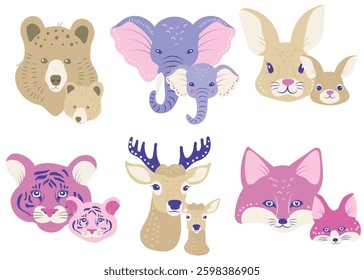 set of vector pair animals, cartoon heads of mother and kids
