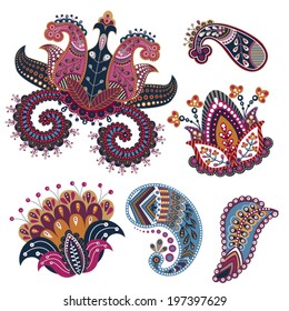 Set of vector Paisley decorative elements and stylized flowers