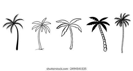 Set vector of palm and coconut trees, tropical paradise, with different art style, silhouette, line art, outline, illustrations in black.