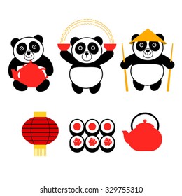 set of vector panda with asiatic food