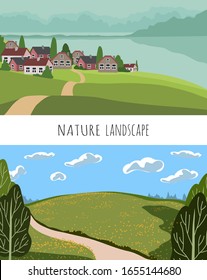 Conjunto de ilustraciones panorámicas Vector de hermosos campos paisaje, verdes colinas, pueblo rodeado de montañas y el mar. Antecedentes en estilo de caricatura plana