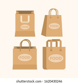 Set of vector paper bags for food products. Ecology recycling packaging for markets. Empty package for your designs. Packet template for shopping.