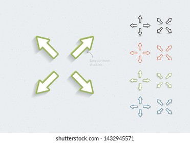 Set of vector paper cut arrows. Easy to move shadow. White color arrow with red, green, blue outline on texture background. Design element illustration for web, ui, poster, badge, presentation, banner