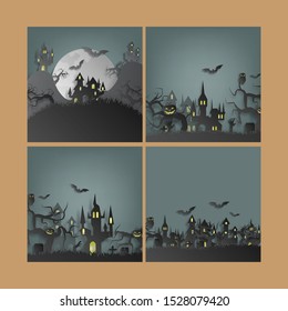 Set vector paper cut background, ghosts, bats, ghost castles for Halloween.