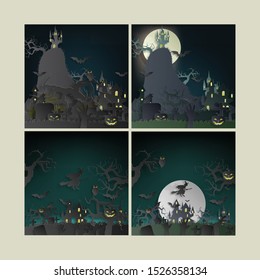 Set vector paper cut background.Illustration of bonfire art with decorations in Halloween. Graphic design for Halloween festival. Greeting card for celebration on Halloween. 