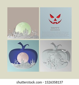 Set vector paper cut background.Illustration of bonfire art with decorations in Halloween. Graphic design for Halloween festival. Greeting card for celebration on Halloween. 