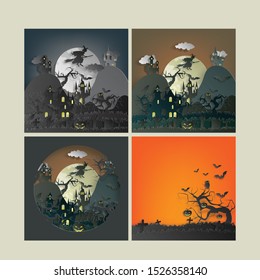 Set vector paper cut background.Illustration of bonfire art with decorations in Halloween. Graphic design for Halloween festival. Greeting card for celebration on Halloween. 