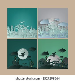 Set vector paper cut background.Illustration of bonfire art with decorations in Halloween. Graphic design for Halloween festival. Greeting card for celebration on Halloween. 