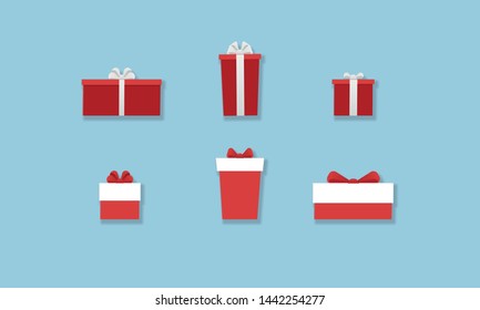 Set of vector paper cut gift box. Collection of different red and white shopping boxes with ribbon isolated on blue background. Design 3d shadow effect element for banner, poster, ads, giveaway, sale